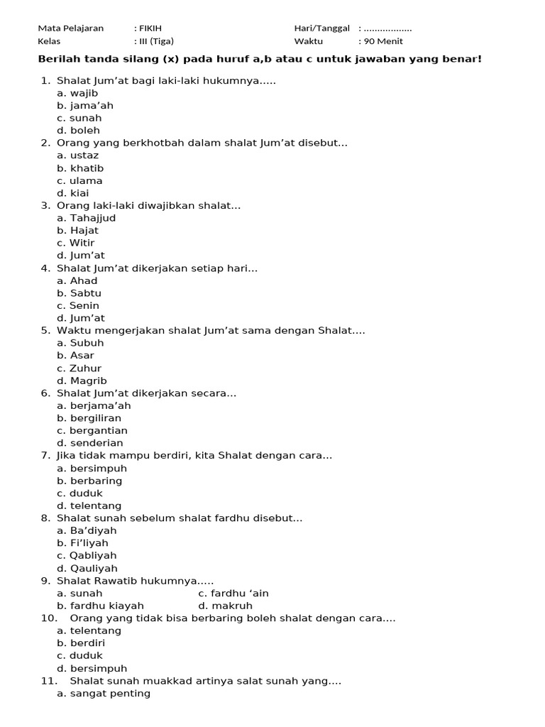 bank soal fikih semester 1 kelas 3
