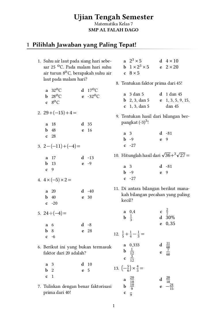 Akhirnya Ada Bank Soal Download PTS Matematika Kelas 7 Semester 1 2019 Dilengkapi 3 Cara Cepat Belajar