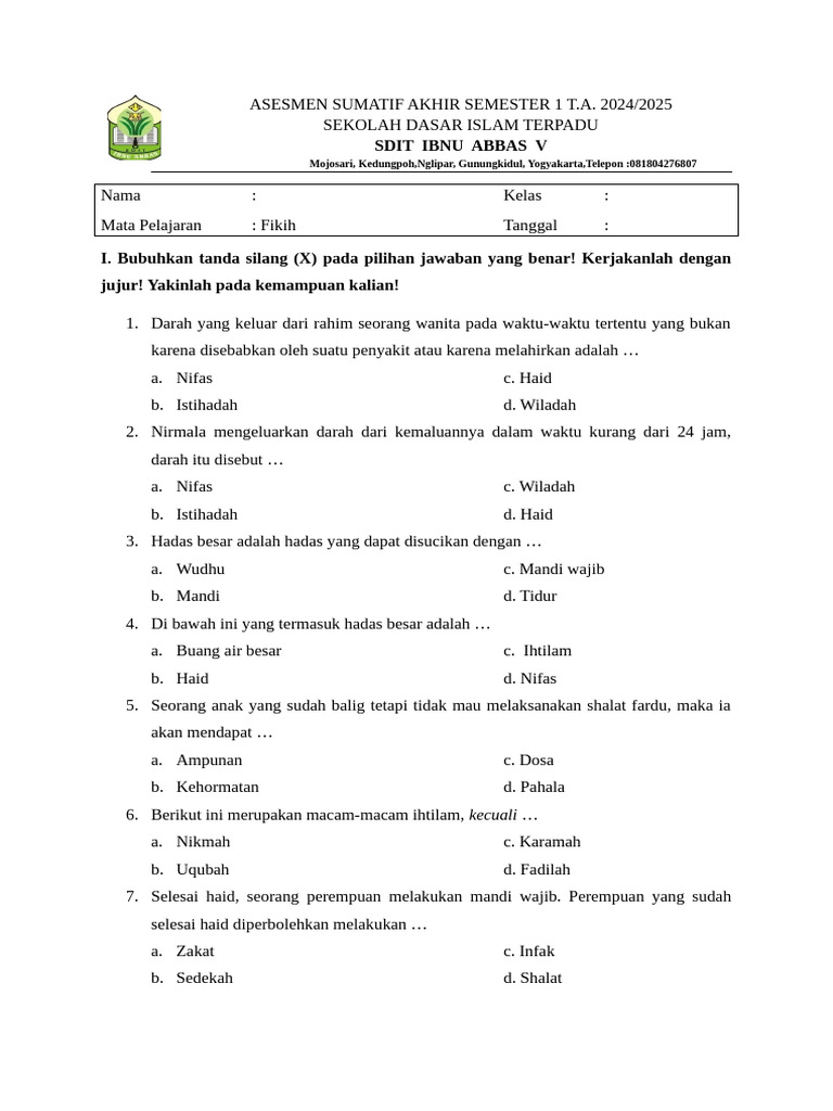 Soal Fikih Kelas V SDIT Ibnu Abbas PDF Soal Fikih Kelas V SDIT Ibnu Abbas PDF